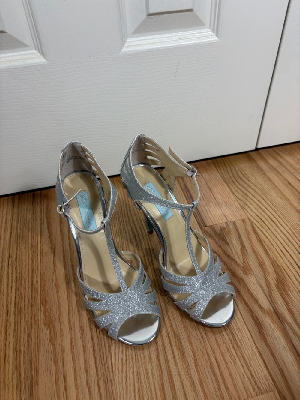 Betsey Johnson Glitter Open-Toe T-Strap High Heels in Silver
